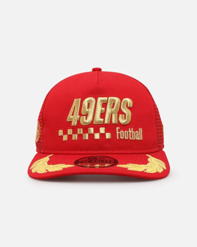 New Era San Francisco 49ers 'Podium Pack' Pre-Curved Golfer Trucker Snapback Scarlet/Metallic Gold sold by Culture Kings