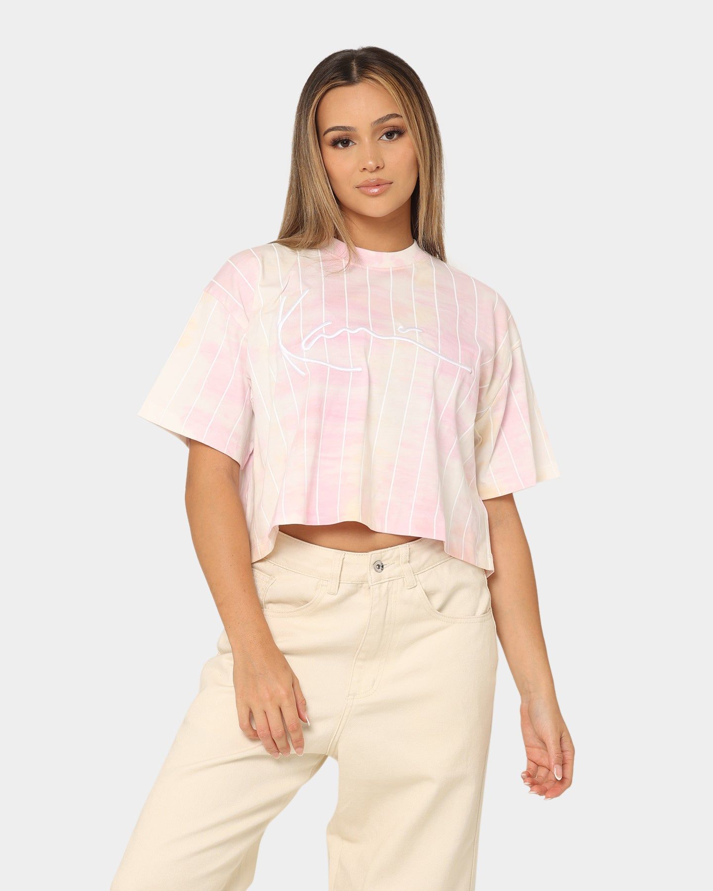 Karl Kani Women's Signature Tie Dye Pinstripe Cropped T-Shirt Rose sold by Culture Kings
