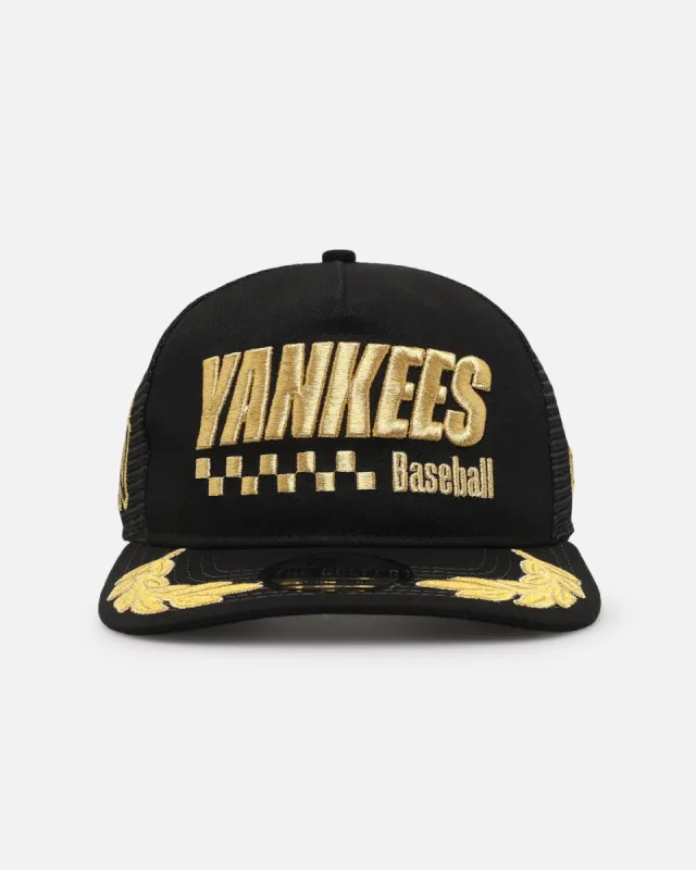 New Era New York Yankees 'Podium Pack' Pre-Curved Golfer Trucker Snapback Black/Metallic Gold sold by Culture Kings