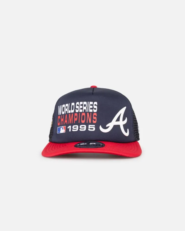 New Era Atlanta Braves Pre-Curved Golfer Trucker Snapback Navy/Scarlet sold by Culture Kings
