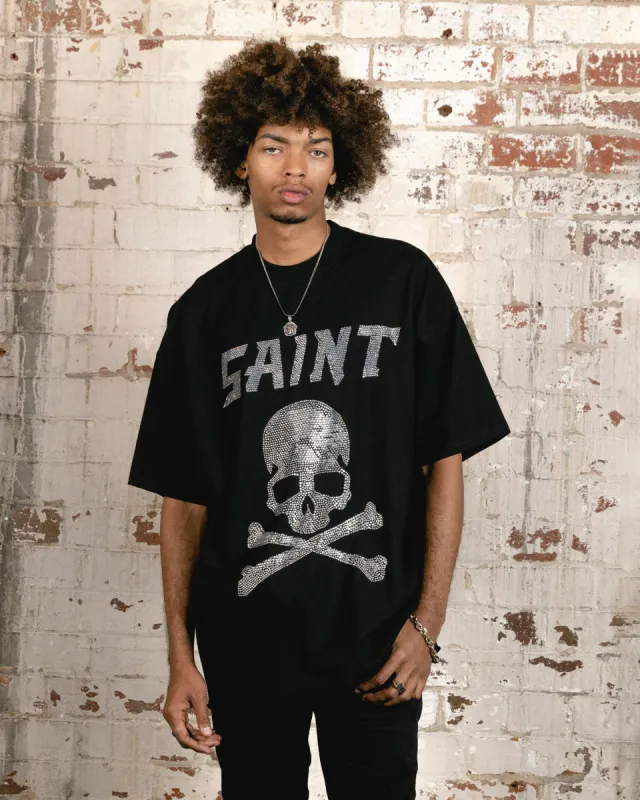 Saint Morta Skull And Bones Rhinestone T-Shirt Black sold by Culture Kings