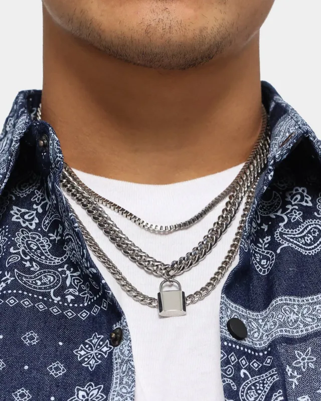 Loiter Padlock Triple Chains Necklace Pack Silver sold by Culture Kings