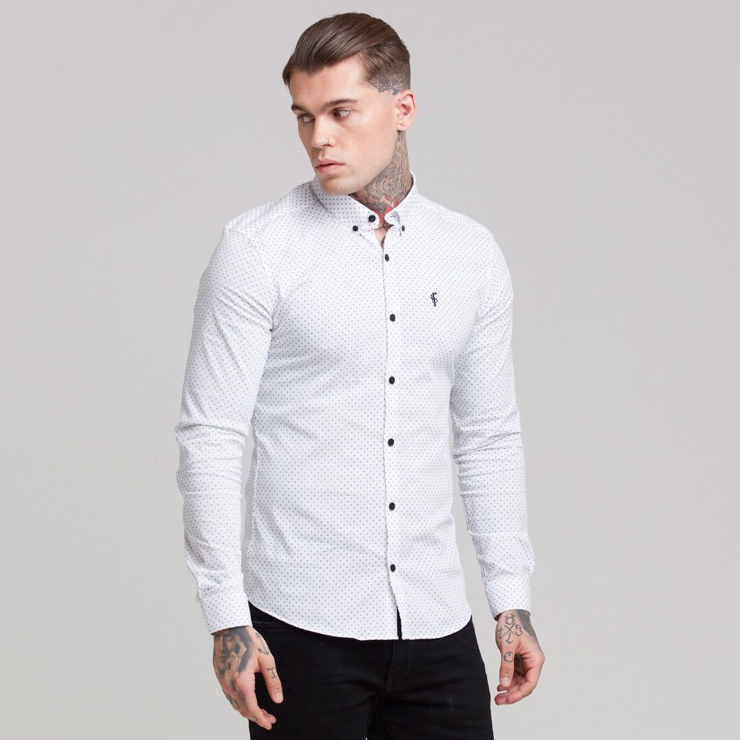 Father Sons Super Slim Stretch White & Navy Ditsy Print Long Sleeve FS415 sold by Father Sons product image thumbnail 5