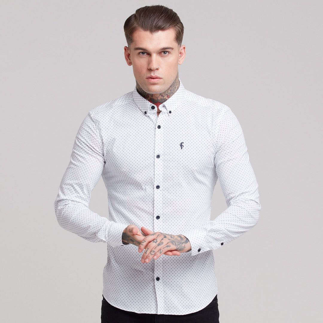 Father Sons Super Slim Stretch White & Navy Ditsy Print Long Sleeve FS415 sold by Father Sons product image thumbnail 3