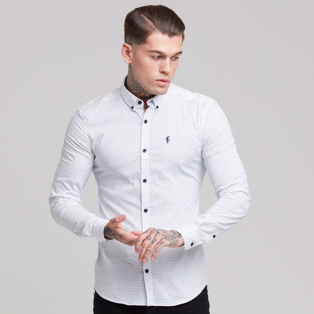 Father Sons Super Slim Stretch White & Navy Ditsy Print Long Sleeve FS415 sold by Father Sons product image thumbnail 4