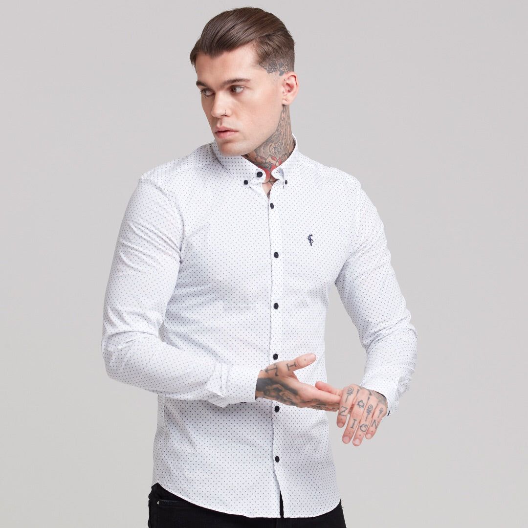 Father Sons Super Slim Stretch White & Navy Ditsy Print Long Sleeve FS415 sold by Father Sons product image thumbnail 2