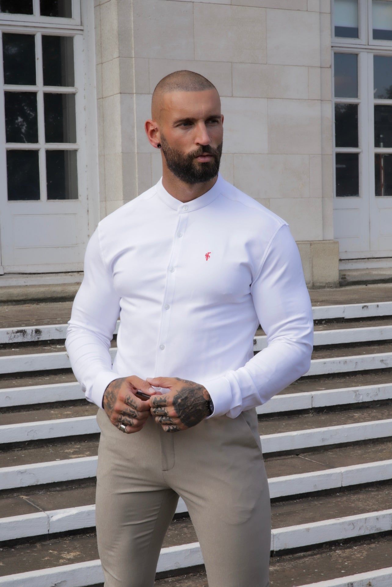 Father Sons Super Slim Scuba White / Red Long Sleeve Stretch With Grandad Collar - FS939 sold by Father Sons product image thumbnail 2