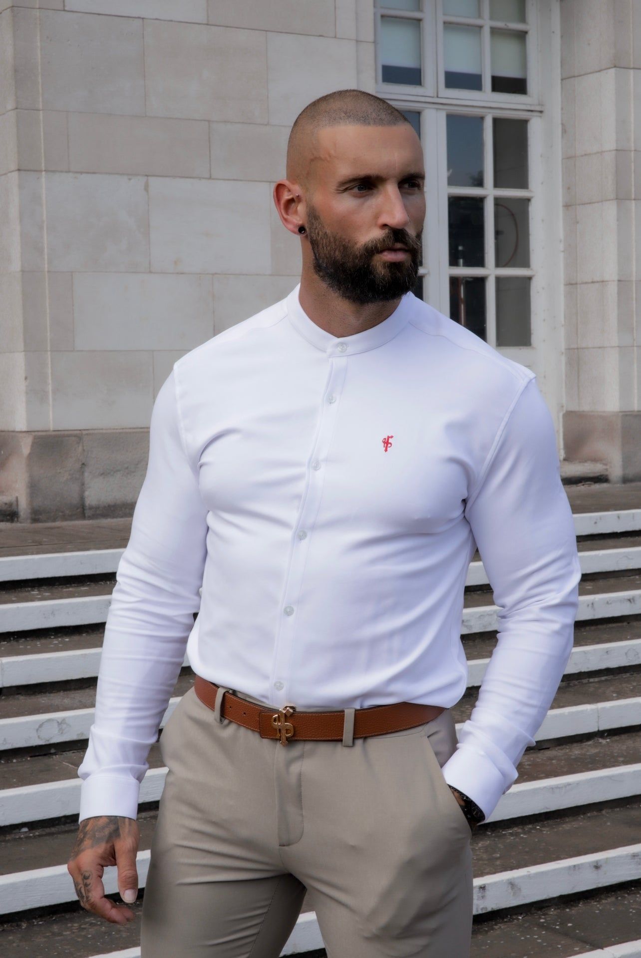 Father Sons Super Slim Scuba White / Red Long Sleeve Stretch With Grandad Collar - FS939 sold by Father Sons product image thumbnail 3