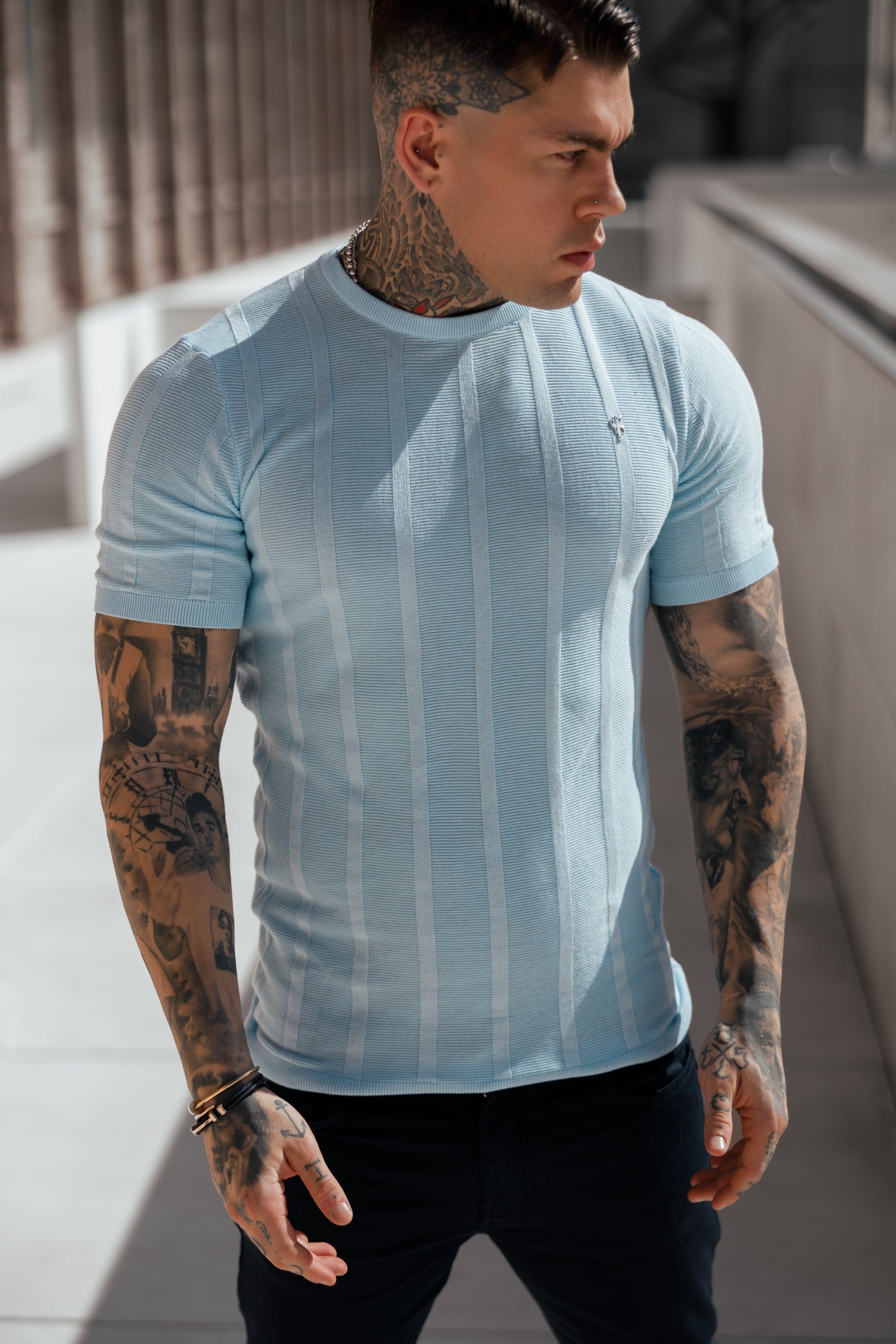 Father Sons Classic Short Sleeve Baby Blue Knitted Wide Rib Crew with Silver Emblem - FSH739 sold by Father Sons