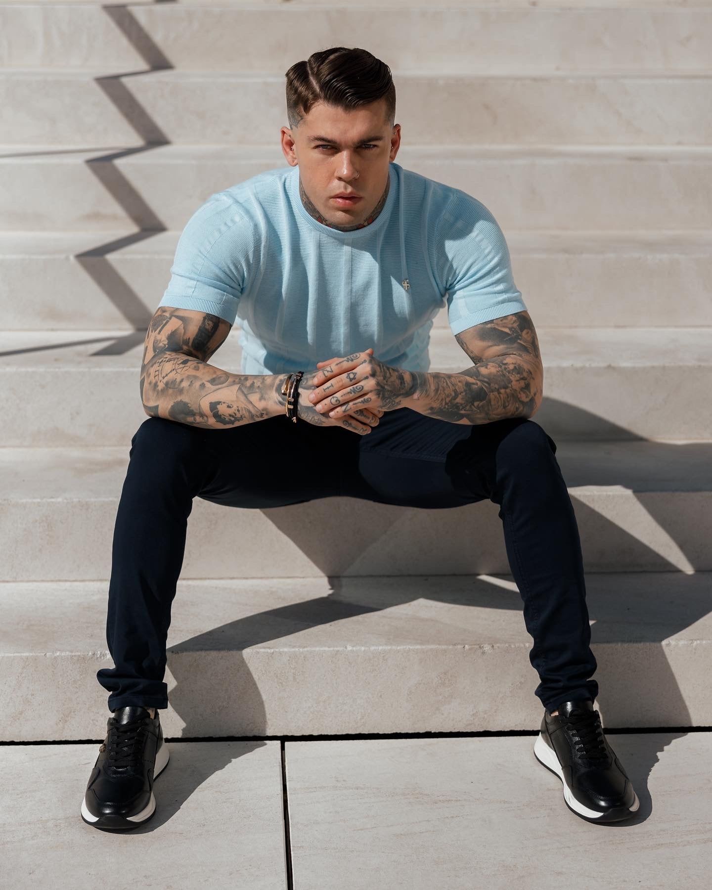 Father Sons Classic Short Sleeve Baby Blue Knitted Wide Rib Crew with Silver Emblem - FSH739 sold by Father Sons product image thumbnail 2