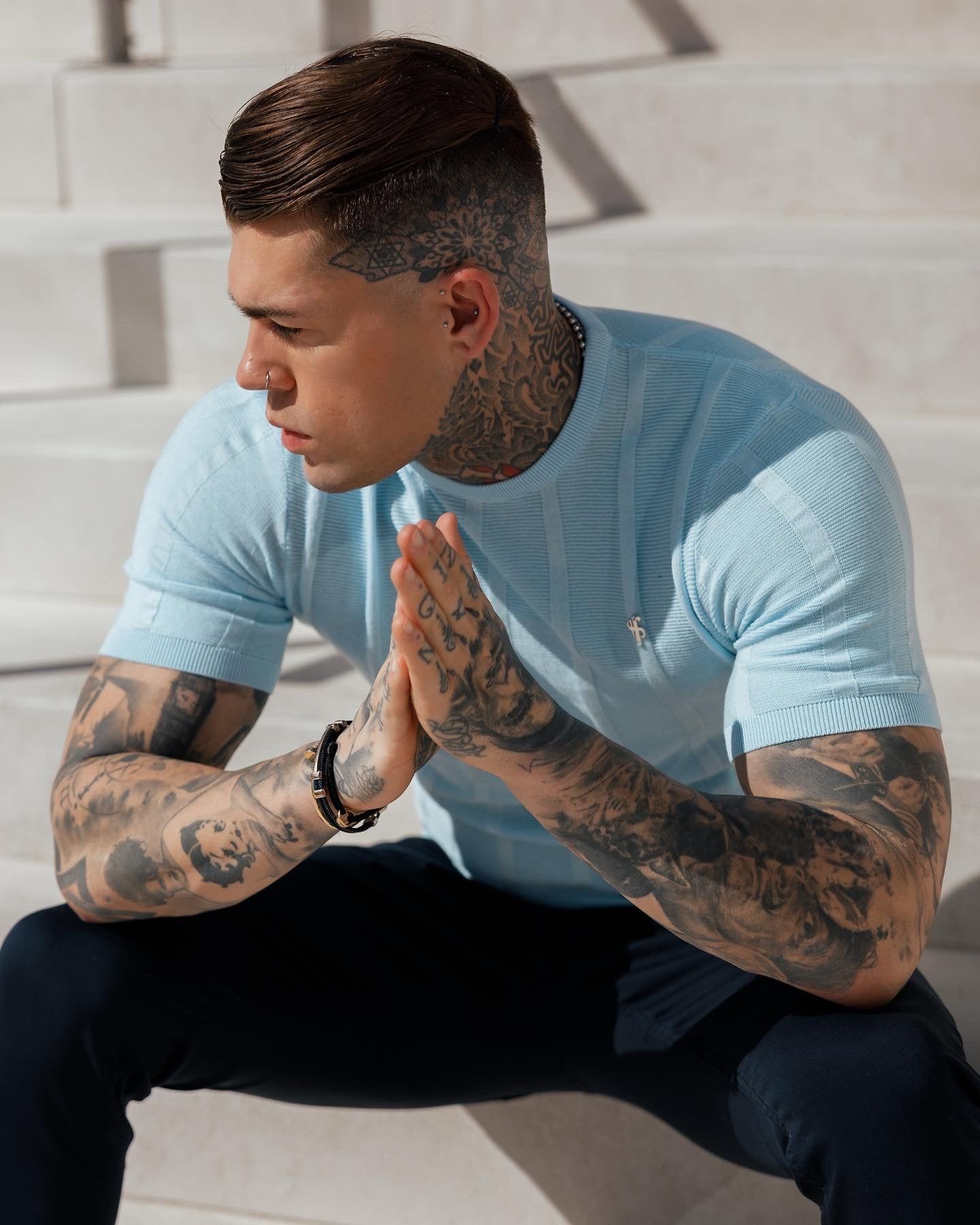 Father Sons Classic Short Sleeve Baby Blue Knitted Wide Rib Crew with Silver Emblem - FSH739 sold by Father Sons product image thumbnail 3