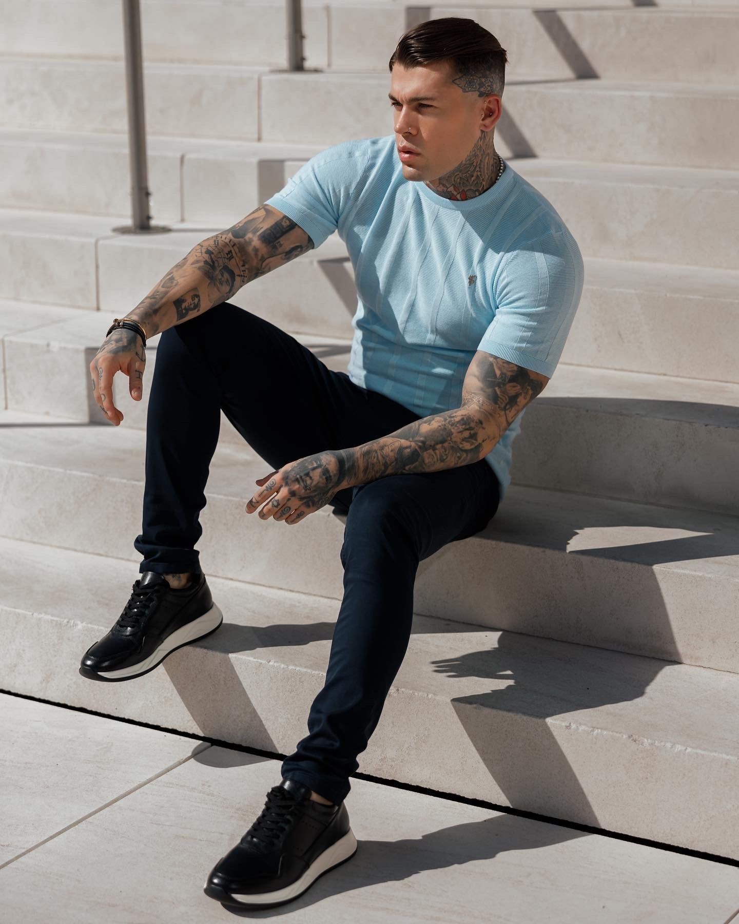 Father Sons Classic Short Sleeve Baby Blue Knitted Wide Rib Crew with Silver Emblem - FSH739 sold by Father Sons product image thumbnail 4