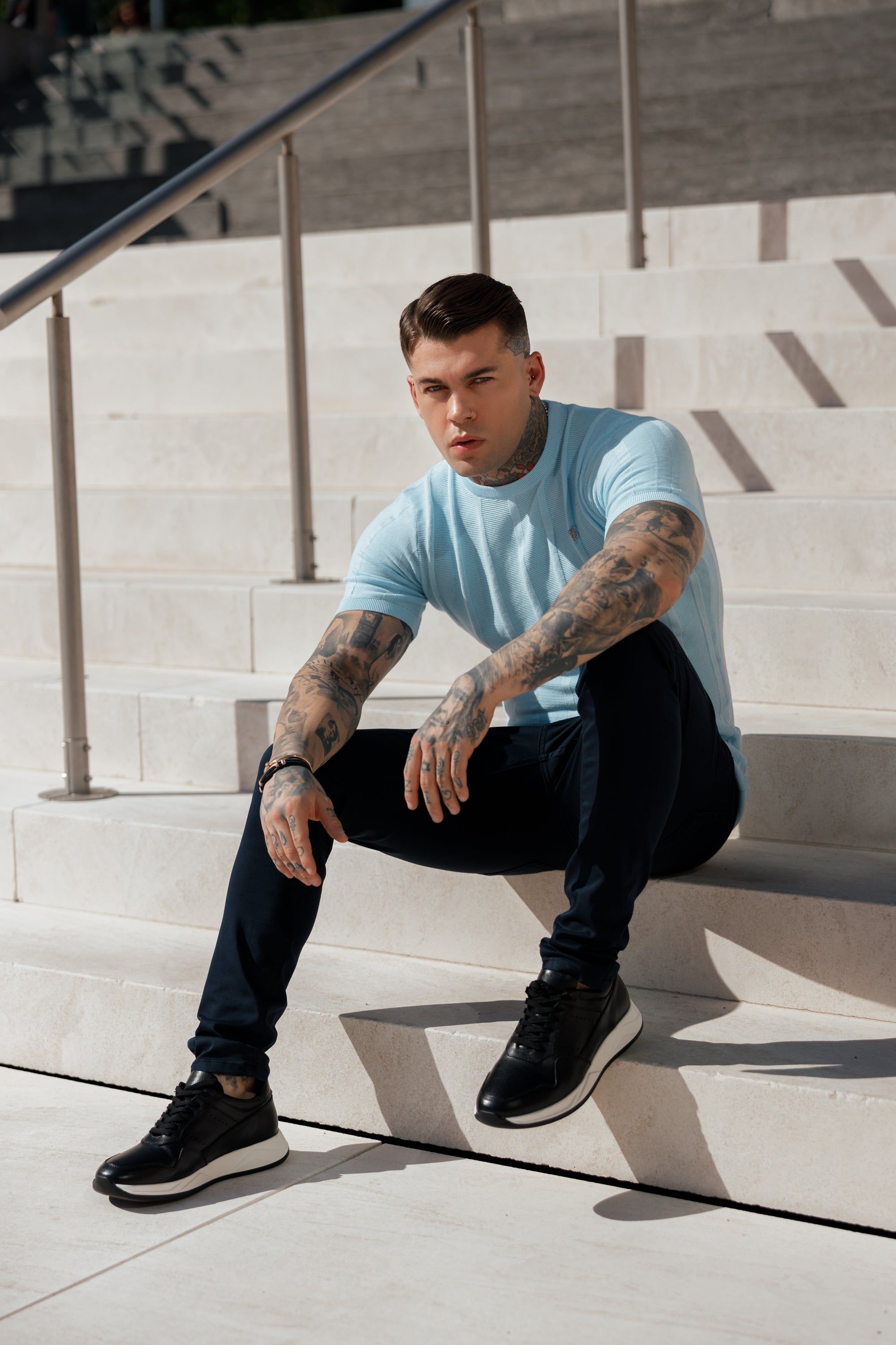 Father Sons Classic Short Sleeve Baby Blue Knitted Wide Rib Crew with Silver Emblem - FSH739 sold by Father Sons product image thumbnail 5