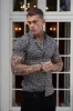 Father Sons Super Slim Stretch Black and Ecru Geo Flower Print Short Sleeve with Button Down Collar - FS787 sold by Father Sons