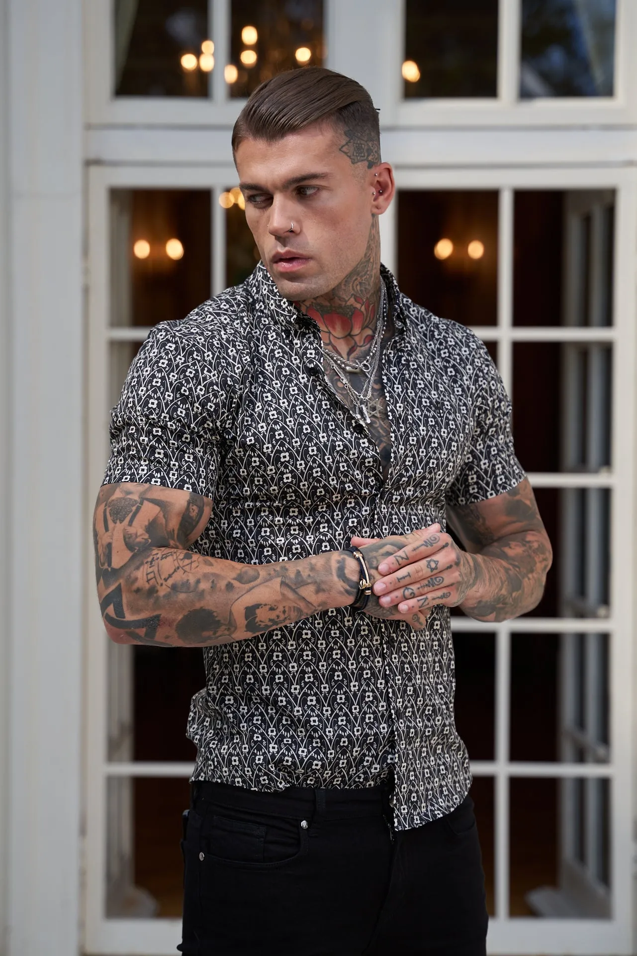 Father Sons Super Slim Stretch Black and Ecru Geo Flower Print Short Sleeve with Button Down Collar - FS787 sold by Father Sons product image thumbnail 3