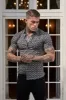 Father Sons Super Slim Stretch Black and Ecru Geo Flower Print Short Sleeve with Button Down Collar - FS787 sold by Father Sons