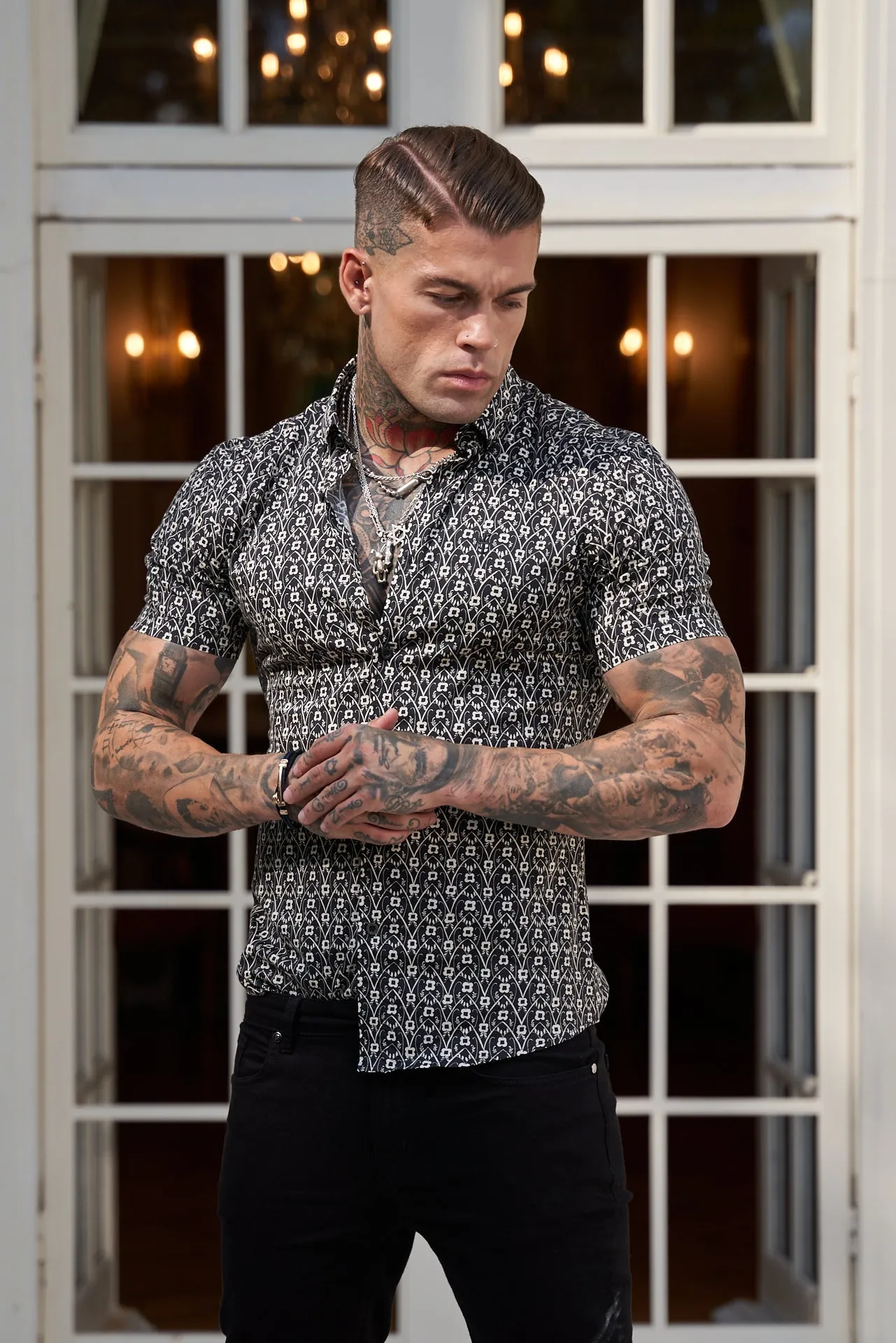 Father Sons Super Slim Stretch Black and Ecru Geo Flower Print Short Sleeve with Button Down Collar - FS787 sold by Father Sons product image thumbnail 2