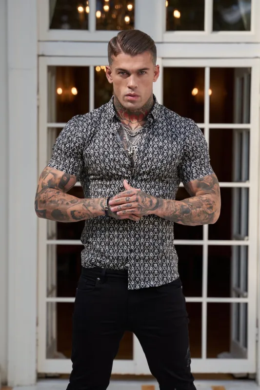 Father Sons Super Slim Stretch Black and Ecru Geo Flower Print Short Sleeve with Button Down Collar - FS787 sold by Father Sons