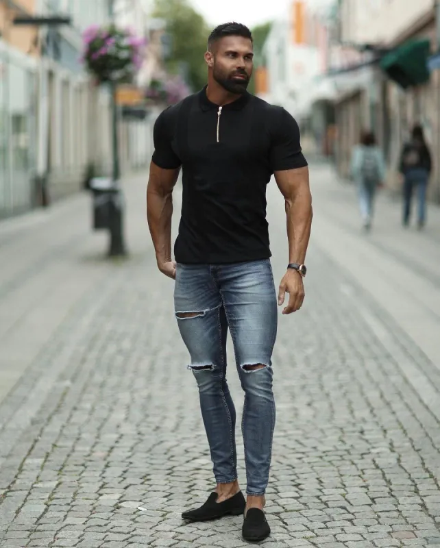 Father Sons Classic Black and Gold Zip Knitted Polo Shirt Short Sleeve  - FSN131  (PRE ORDER 2ND NOVEMBER) sold by Father Sons