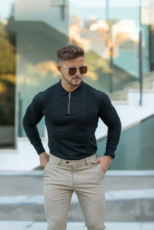 Father Sons Classic Black and Gold Zip Knitted Polo Shirt Long Sleeve - FSN126 sold by Father Sons