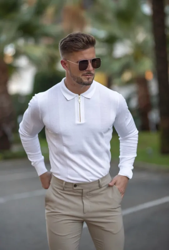 Father Sons Classic White and Gold Zip Knitted Polo Shirt  Long Sleeve - FSN125 sold by Father Sons