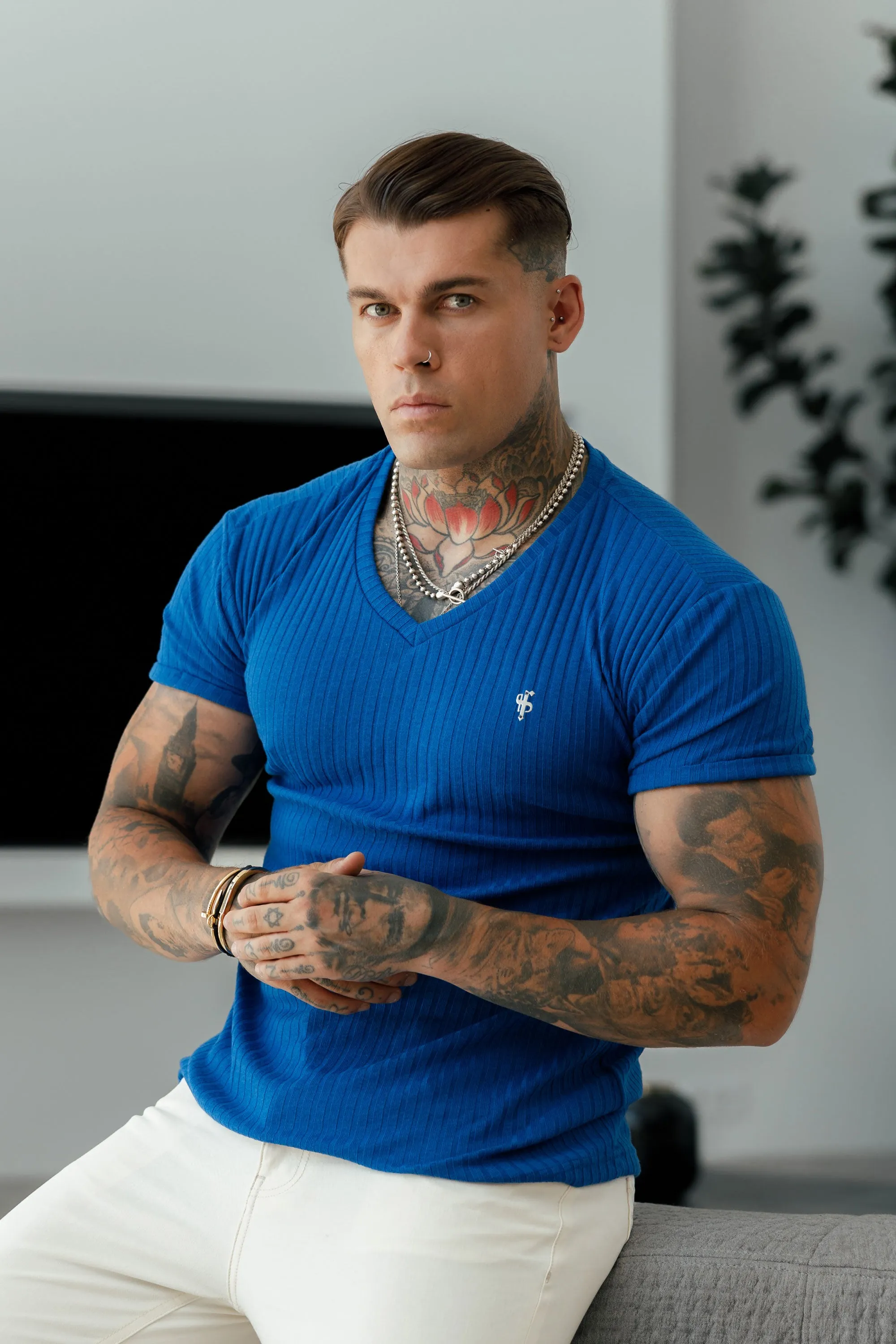 Father Sons Classic Royal Blue / Silver V Neck Ribbed Crew - FSH1132 sold by Father Sons