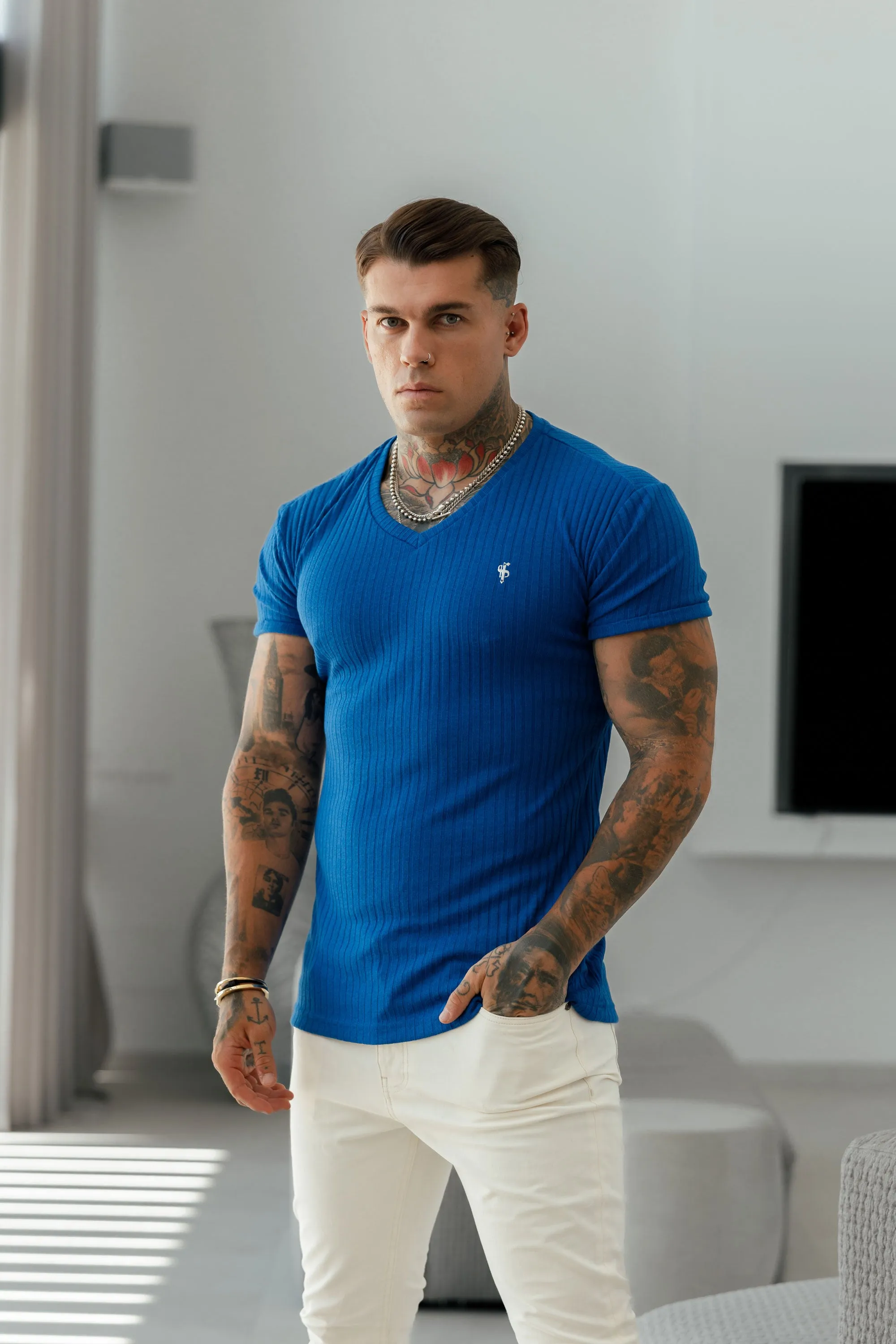 Father Sons Classic Royal Blue / Silver V Neck Ribbed Crew - FSH1132 sold by Father Sons product image thumbnail 3