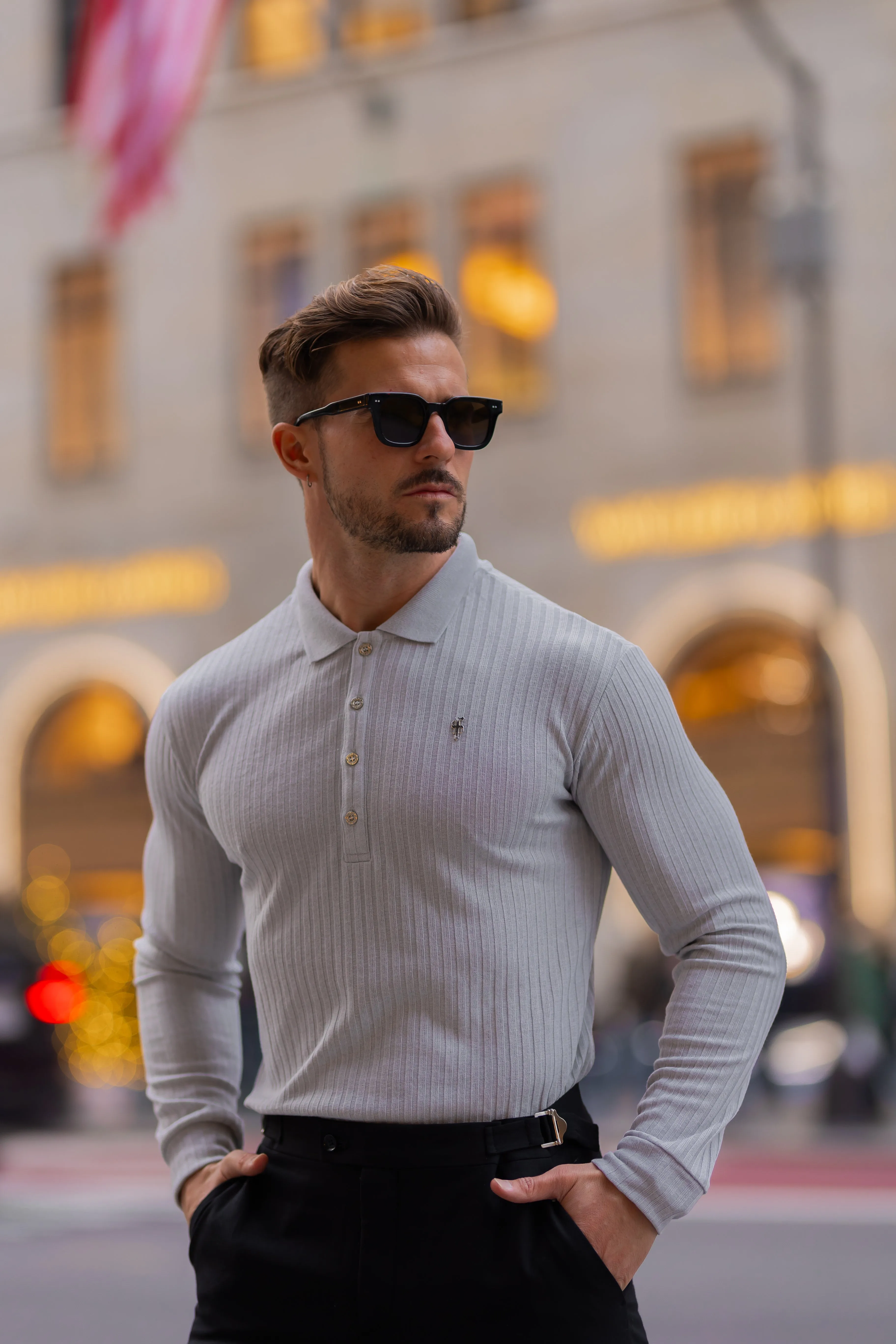 Classic Light Grey Ribbed Polo Shirt Long Sleeve With Silver Decal - FSH973 sold by Father Sons product image thumbnail 3