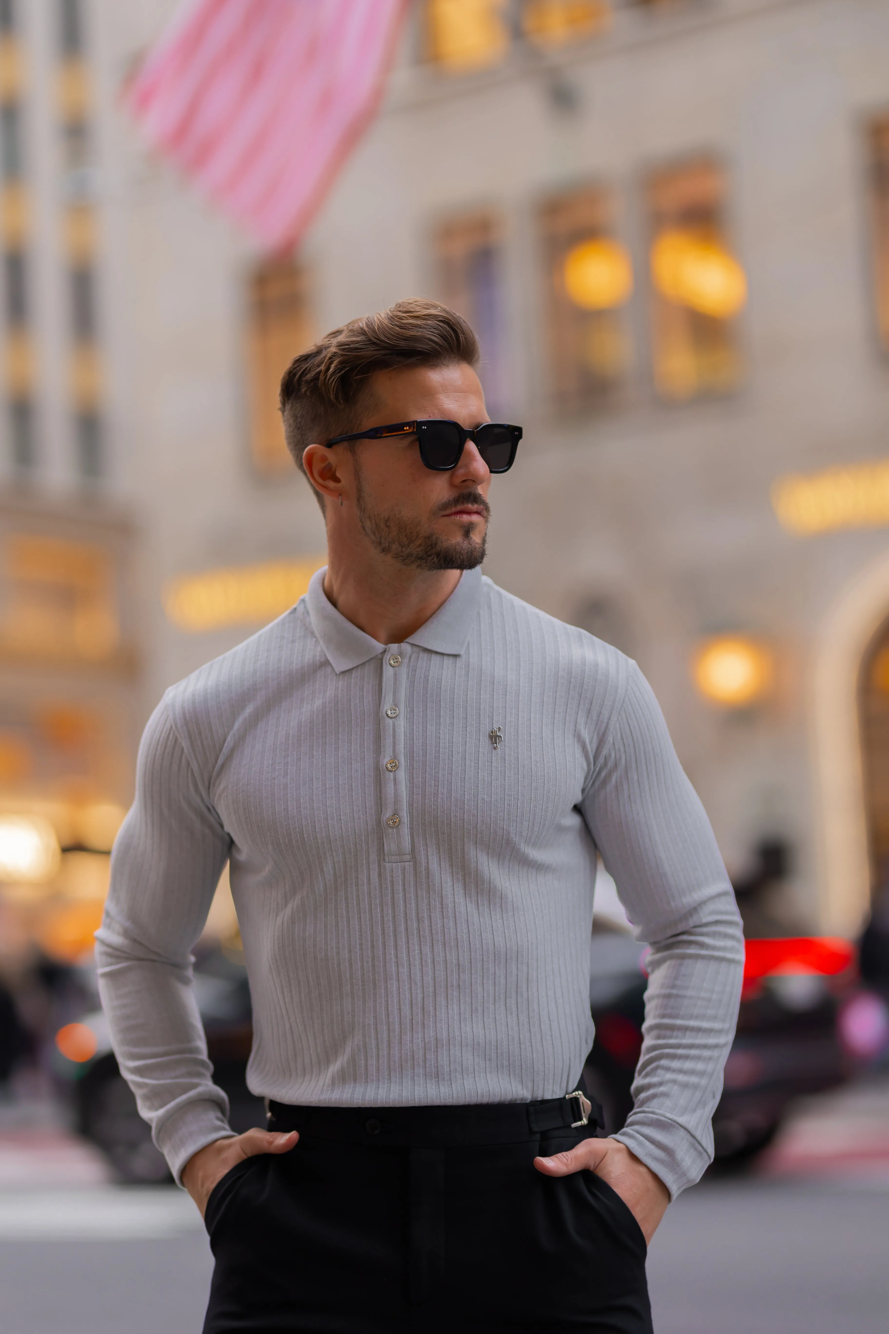 Classic Light Grey Ribbed Polo Shirt Long Sleeve With Silver Decal - FSH973 sold by Father Sons product image thumbnail 4