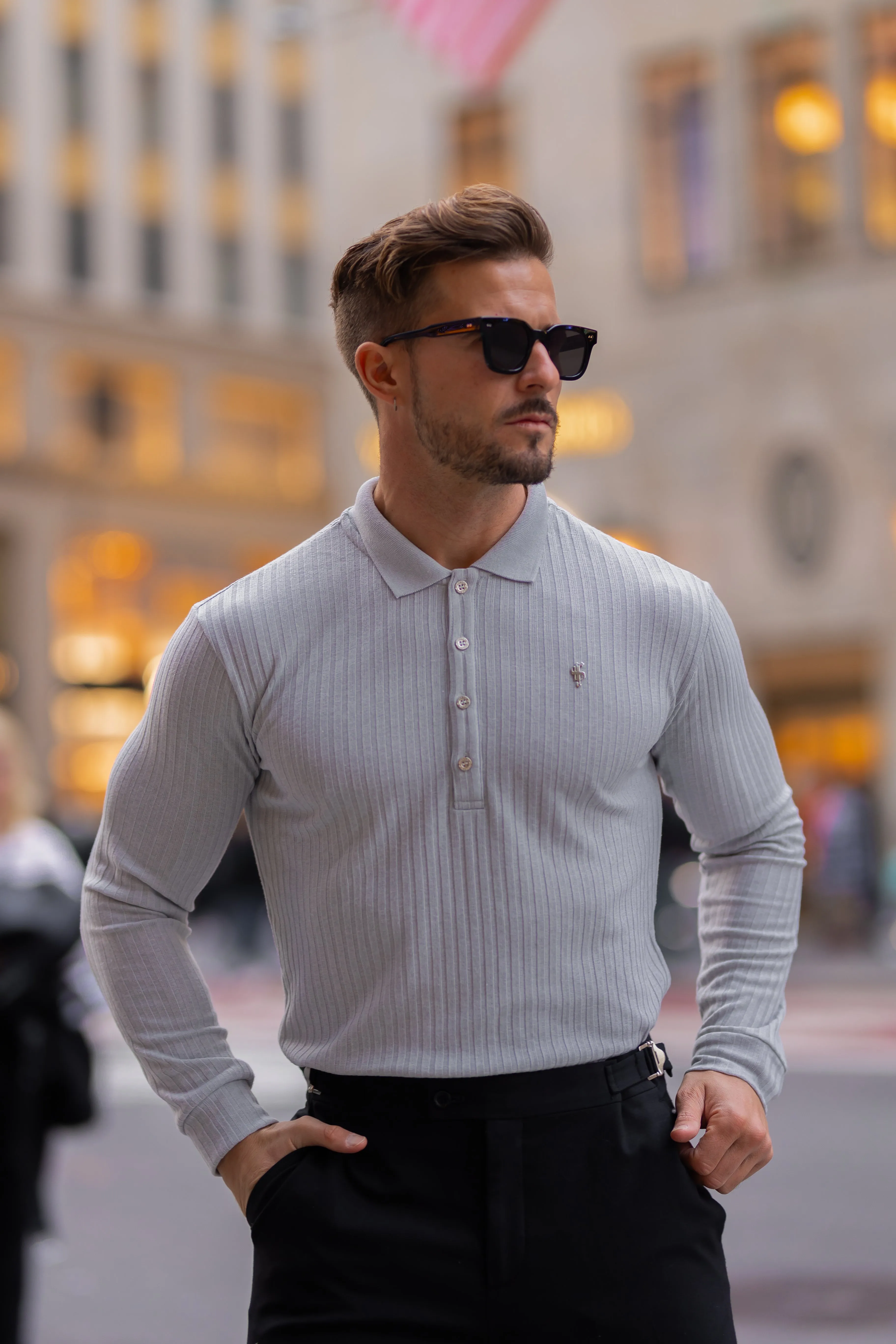 Classic Light Grey Ribbed Polo Shirt Long Sleeve With Silver Decal - FSH973 sold by Father Sons product image thumbnail 2