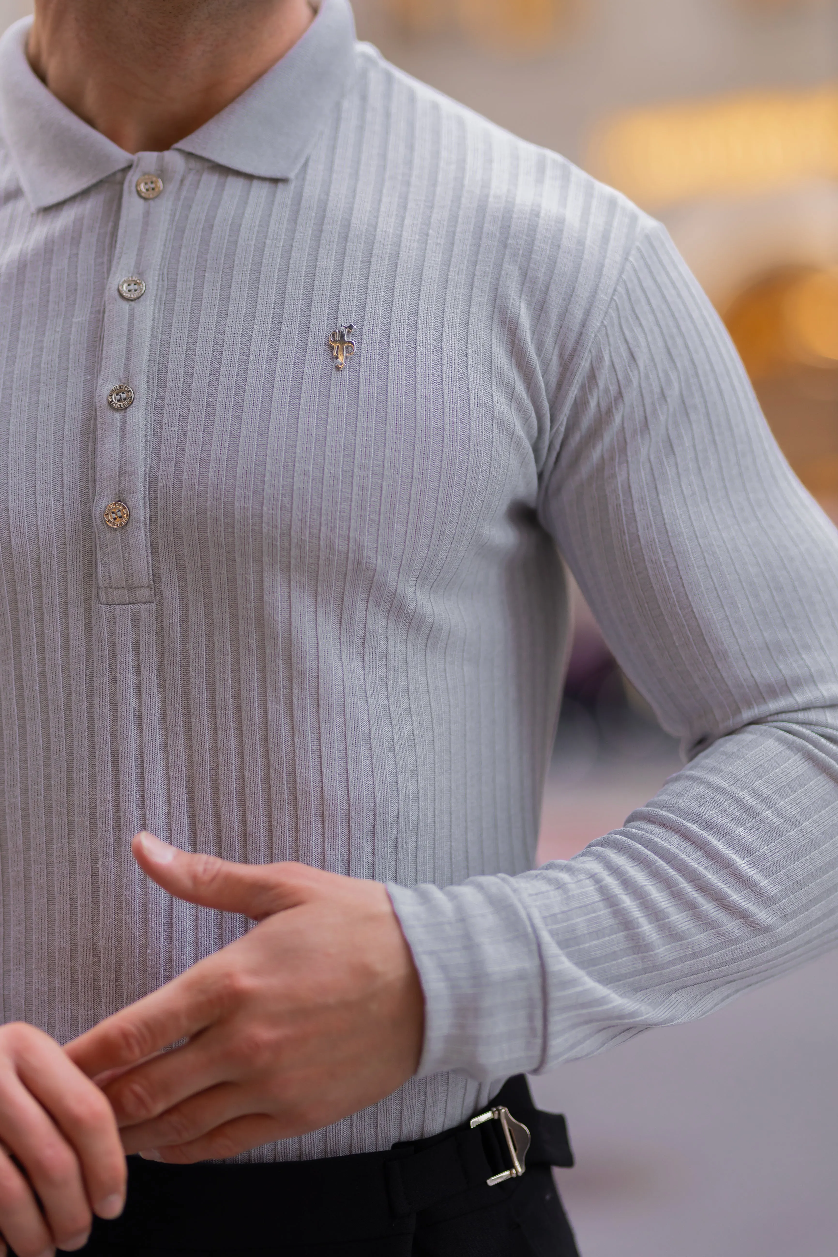 Classic Light Grey Ribbed Polo Shirt Long Sleeve With Silver Decal - FSH973 sold by Father Sons