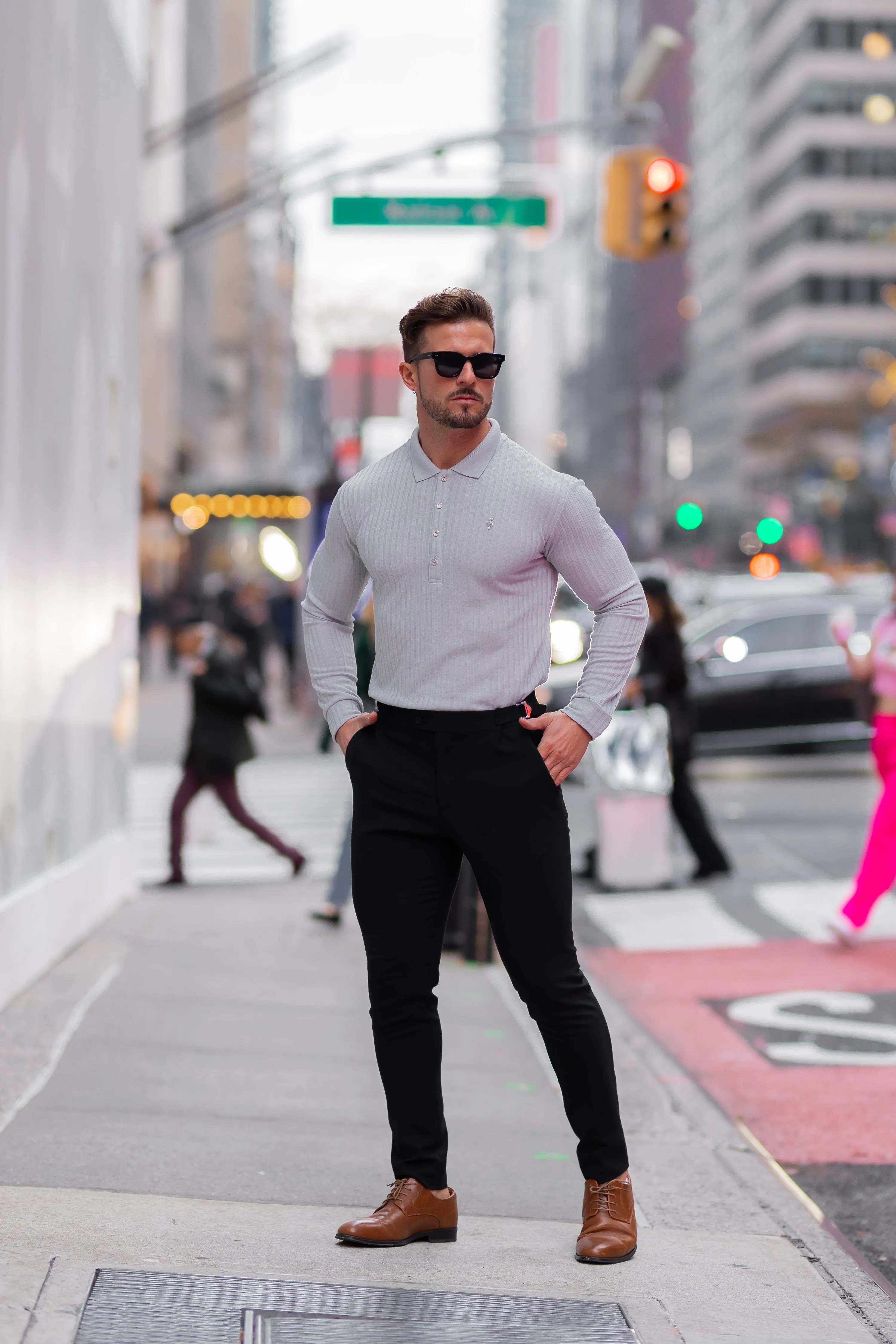 Classic Light Grey Ribbed Polo Shirt Long Sleeve With Silver Decal - FSH973 sold by Father Sons product image thumbnail 5