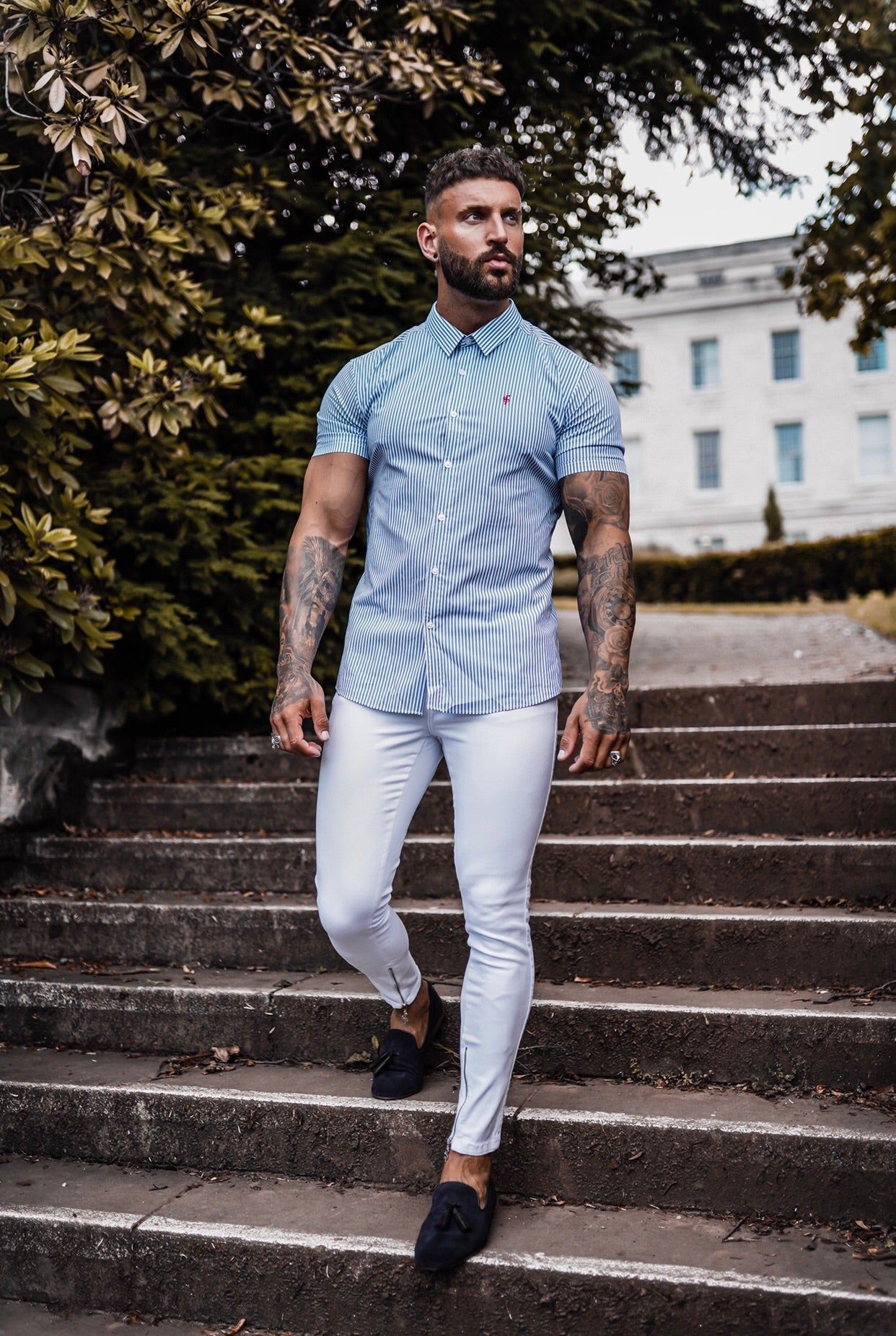 Father Sons Super Slim Stretch Navy & White Stripe Short Sleeve Regular Stretch(Red Emblem) - FS573 sold by Father Sons