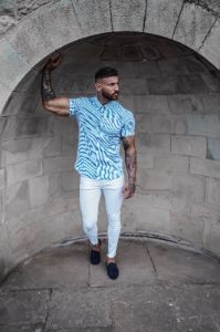 Father Sons Super Slim Stretch Navy & White Stripe Short Sleeve Regular Stretch(Red Emblem) - FS573 sold by Father Sons