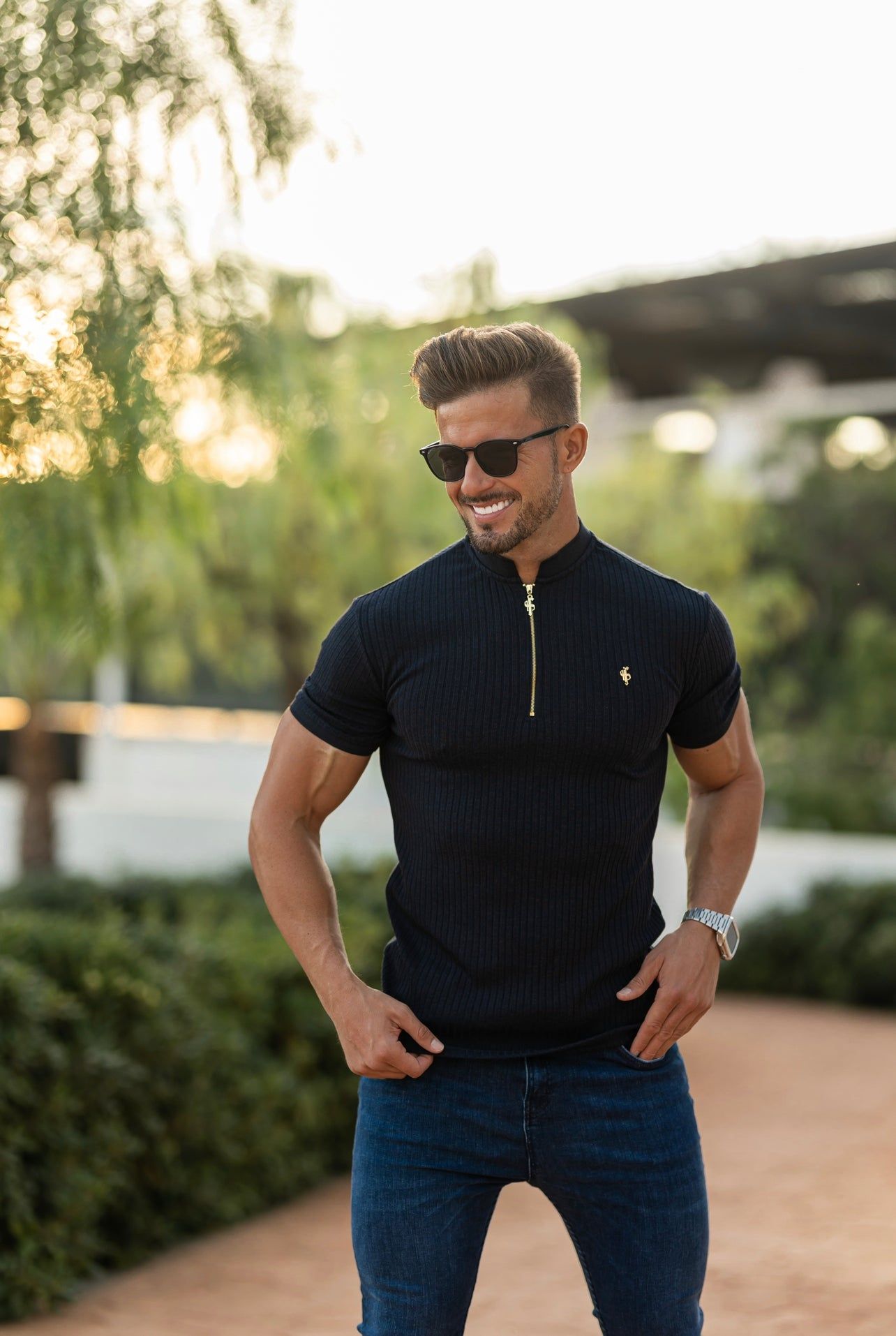 Father Sons Classic Navy Ribbed Zip Grandad Collar Shirt Short Sleeve - FSH773 sold by Father Sons