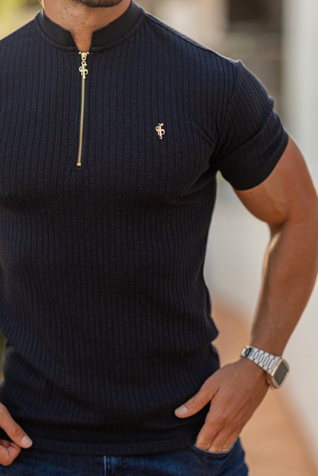 Father Sons Classic Navy Ribbed Zip Grandad Collar Shirt Short Sleeve - FSH773 sold by Father Sons product image thumbnail 4