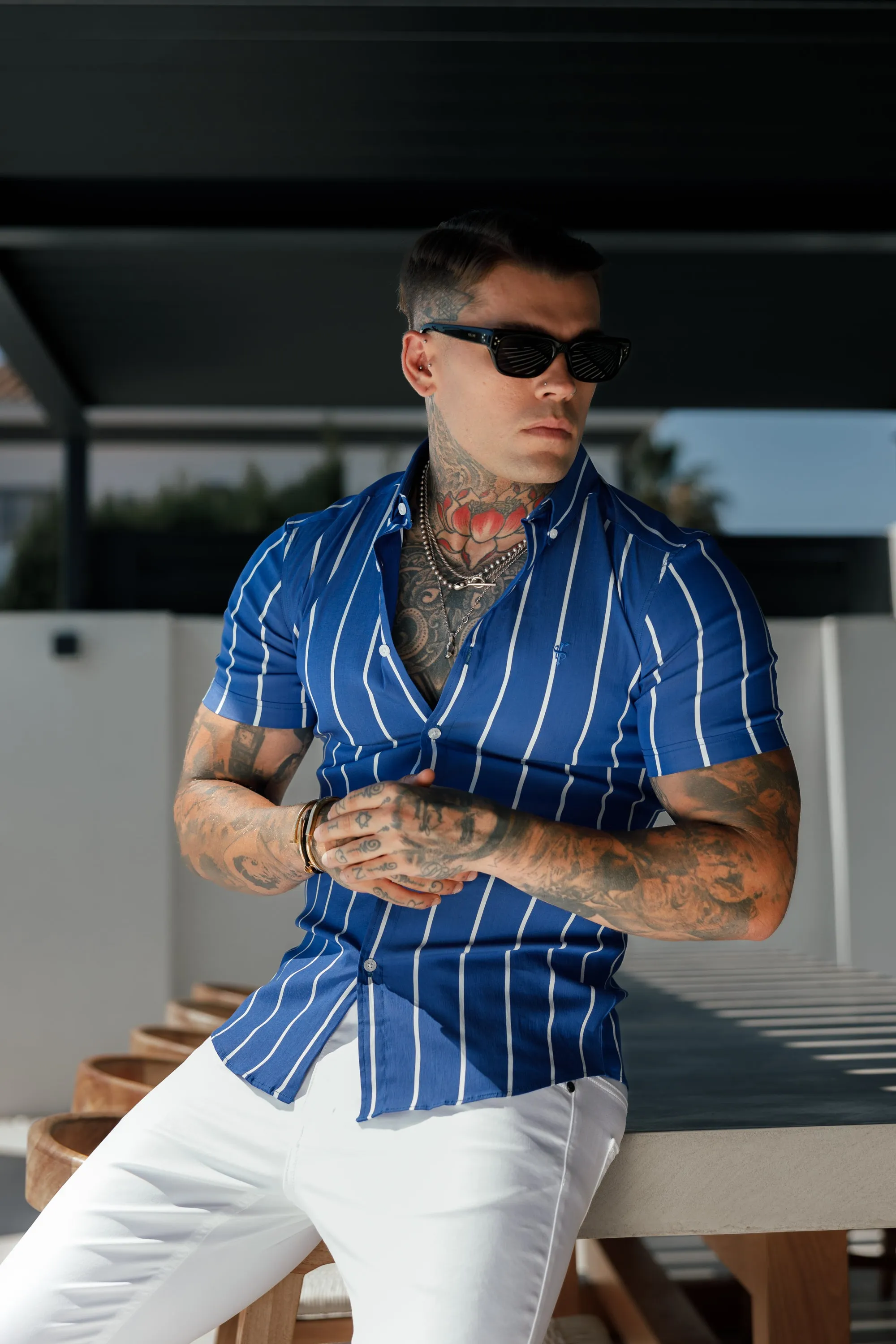 Father Sons Super Slim Stretch Ocean Blue Printed Wide Stripe Short Sleeve with Button Down Collar - FS1056 sold by Father Sons product image thumbnail 4