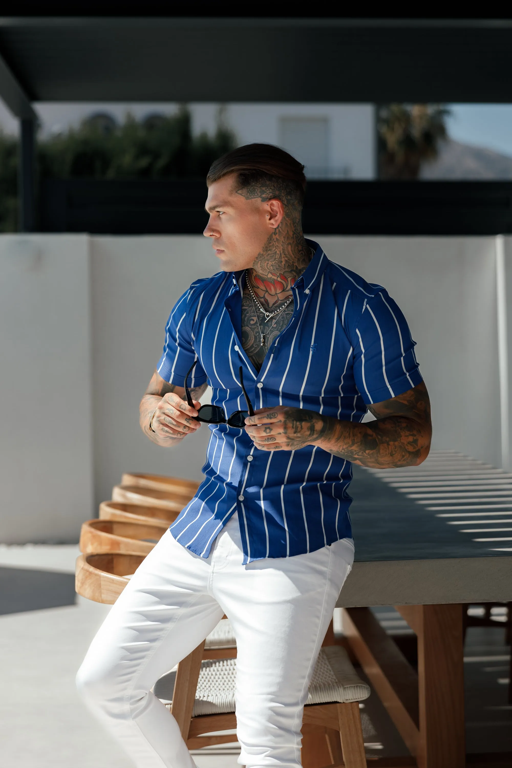 Father Sons Super Slim Stretch Ocean Blue Printed Wide Stripe Short Sleeve with Button Down Collar - FS1056 sold by Father Sons product image thumbnail 5