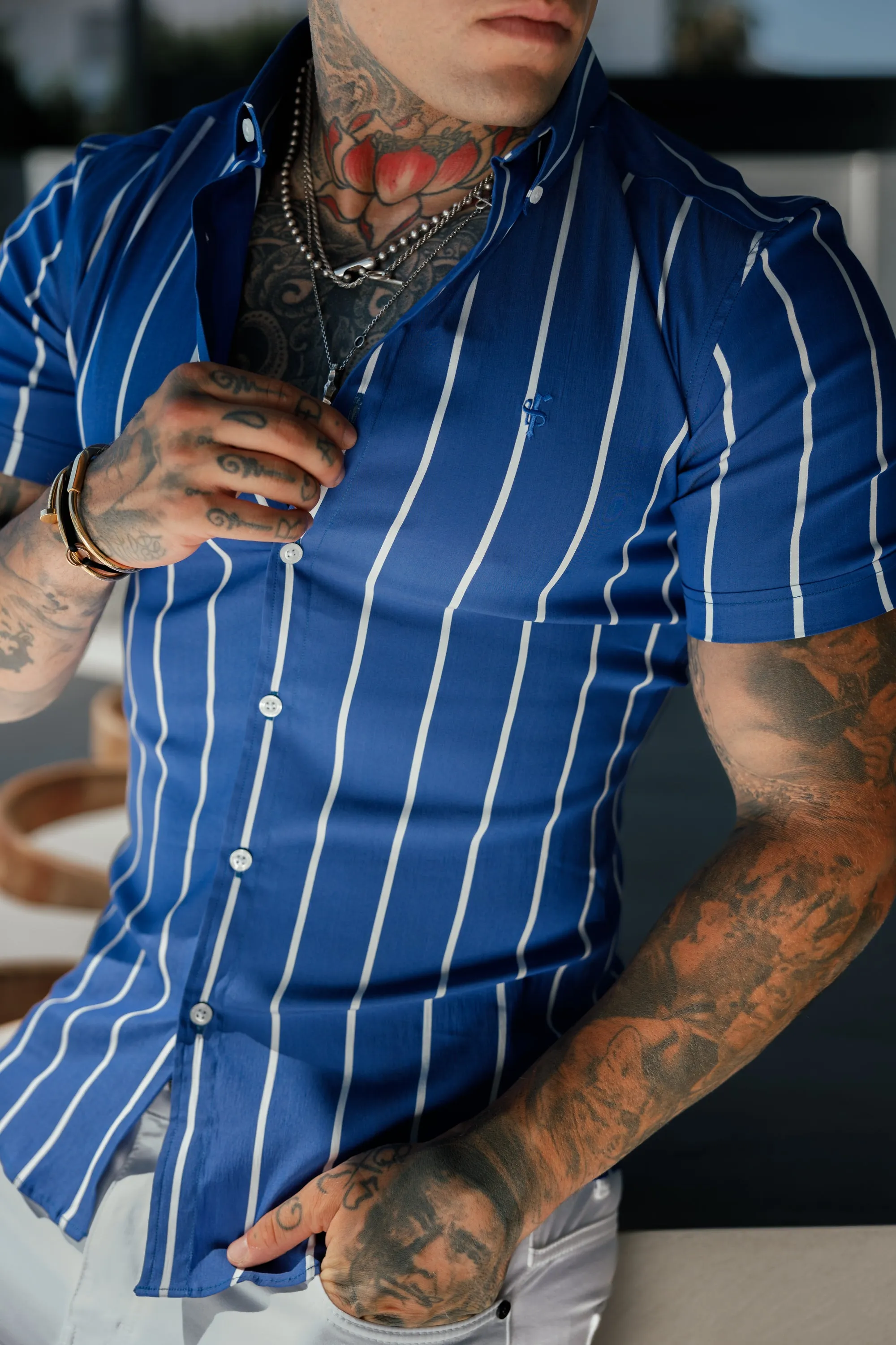 Father Sons Super Slim Stretch Ocean Blue Printed Wide Stripe Short Sleeve with Button Down Collar - FS1056 sold by Father Sons product image thumbnail 2