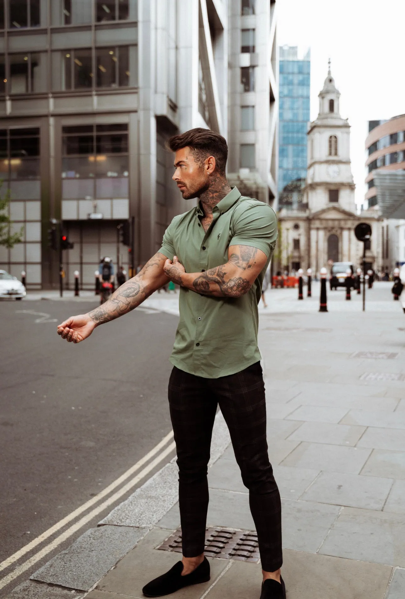 Super Slim Stretch Classic Khaki Short Sleeve With Button Down Collar - FS818 sold by Father Sons product image thumbnail 3