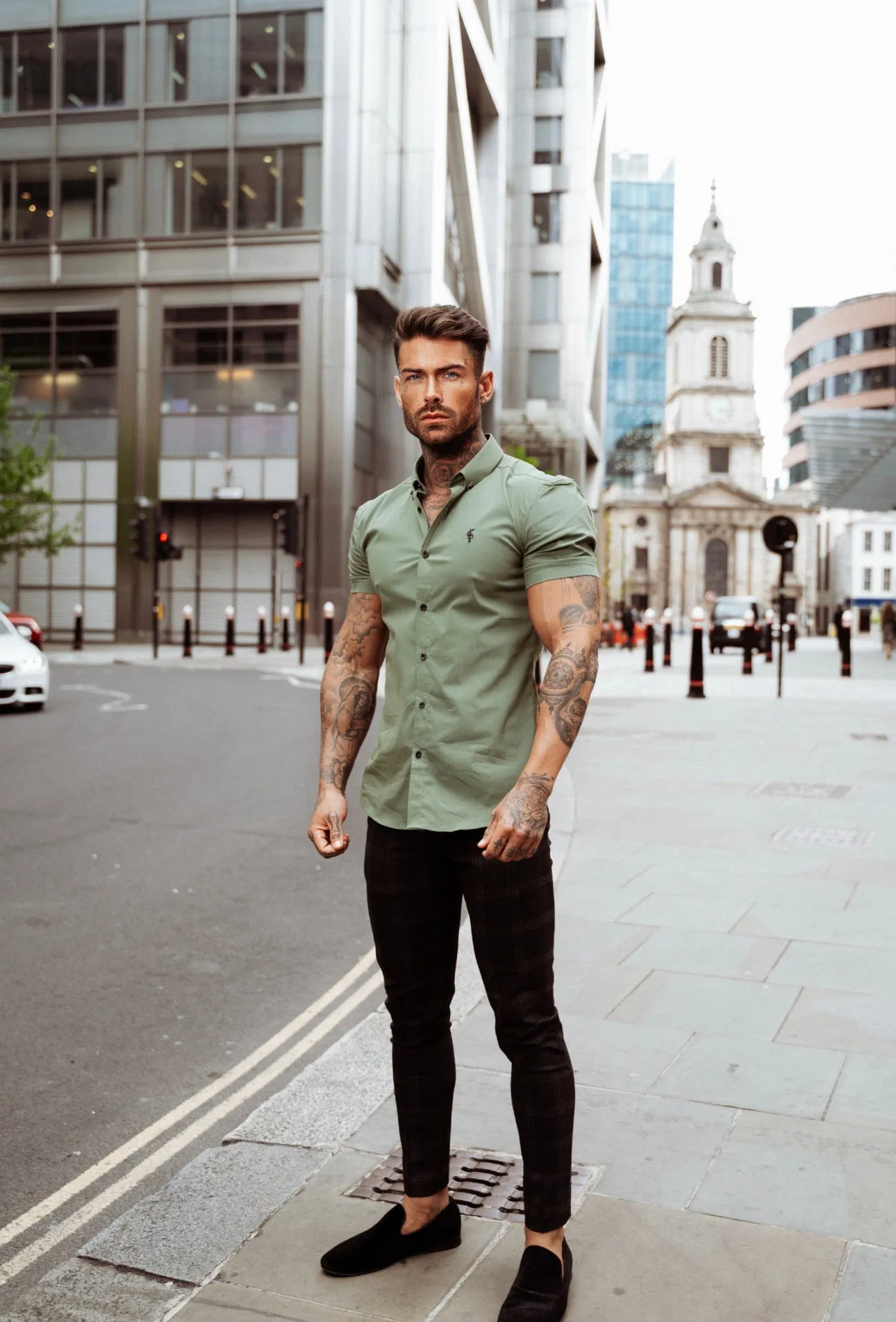 Super Slim Stretch Classic Khaki Short Sleeve With Button Down Collar - FS818 sold by Father Sons