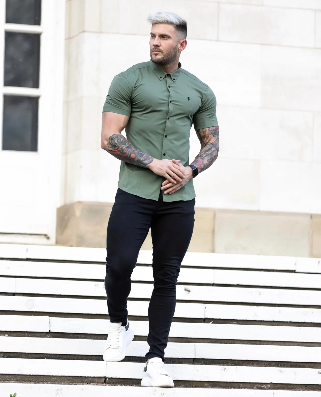 Super Slim Stretch Classic Khaki Short Sleeve With Button Down Collar - FS818 sold by Father Sons product image thumbnail 5