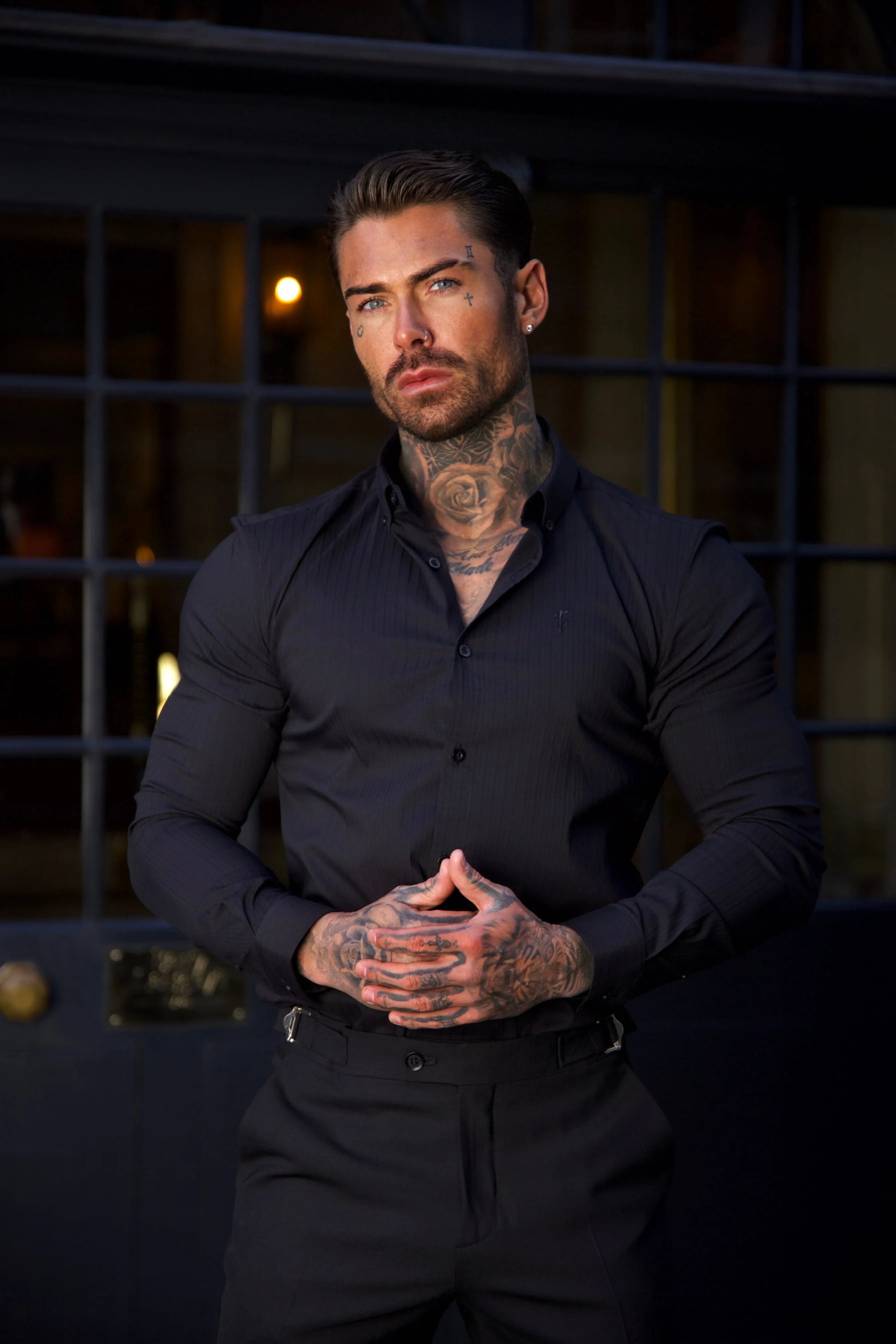 Super Slim Stretch Black Self Woven Stripe Long Sleeve with Button Down Collar - FS991 sold by Father Sons