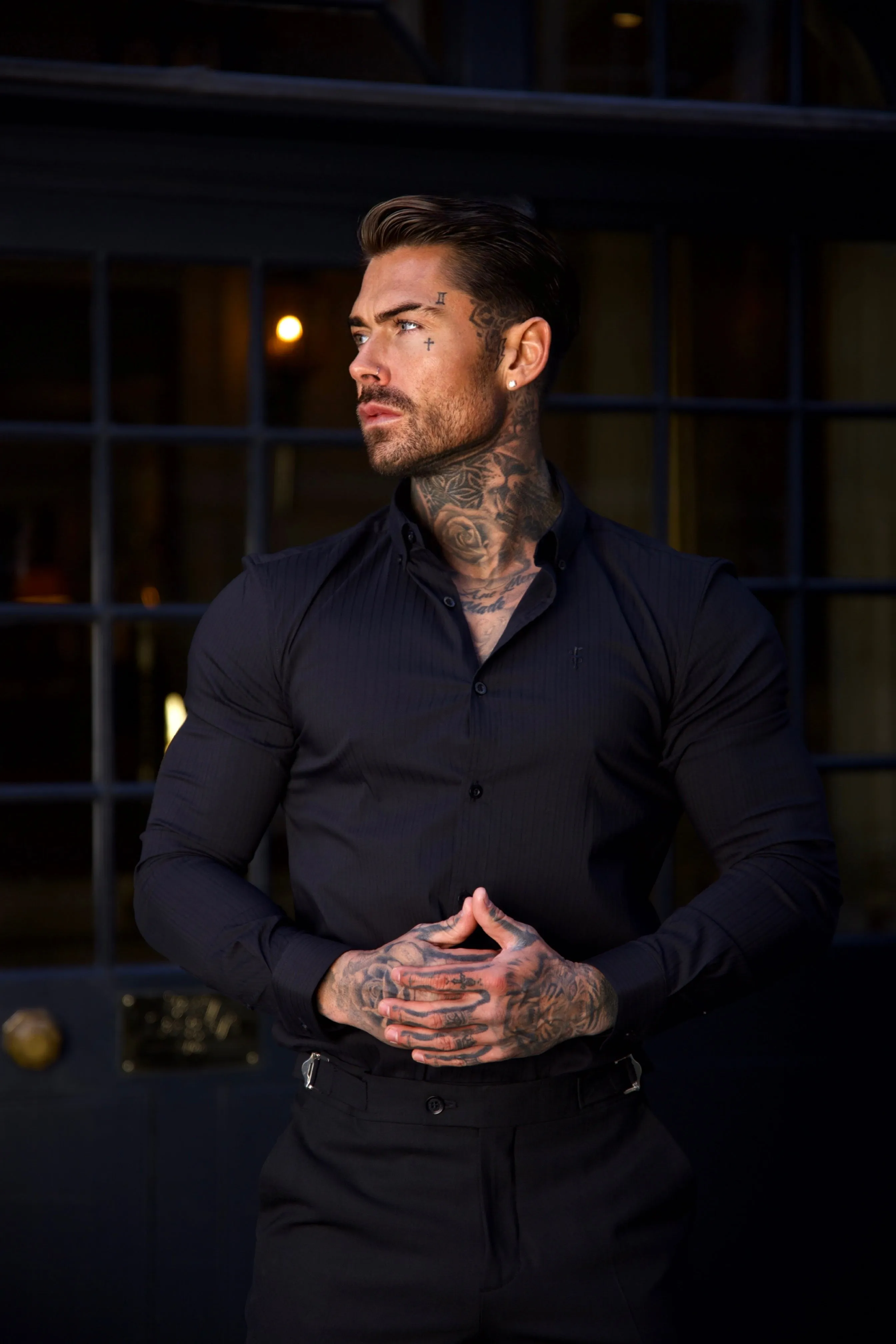 Super Slim Stretch Black Self Woven Stripe Long Sleeve with Button Down Collar - FS991 sold by Father Sons product image thumbnail 2