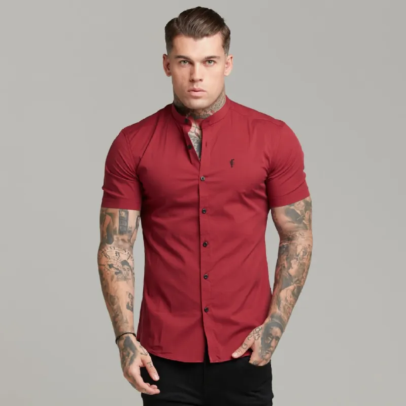 Father Sons Super Slim Stretch Classic Oxblood Grandad Collar Short Sleeve - FS292 sold by Father Sons