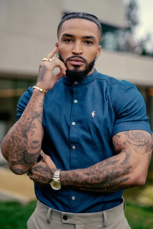 Father Sons Super Slim Stretch Aegean Blue Denim Short Sleeve Grandad Collar with Metal Buttons and Decal Emblem - FS776 sold by Father Sons