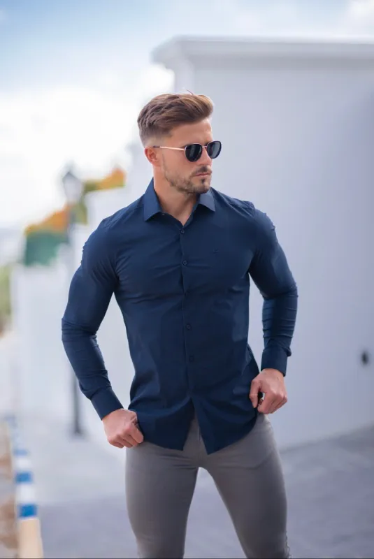 Father Sons Classic Navy Stretch Shirt with Button Down Collar and Navy Embroidery - FS564 sold by Father Sons