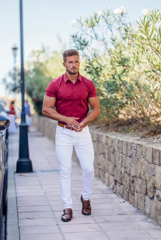 Father Sons Super Slim Stretch Classic Oxblood Red Short Sleeve - FS180 sold by Father Sons