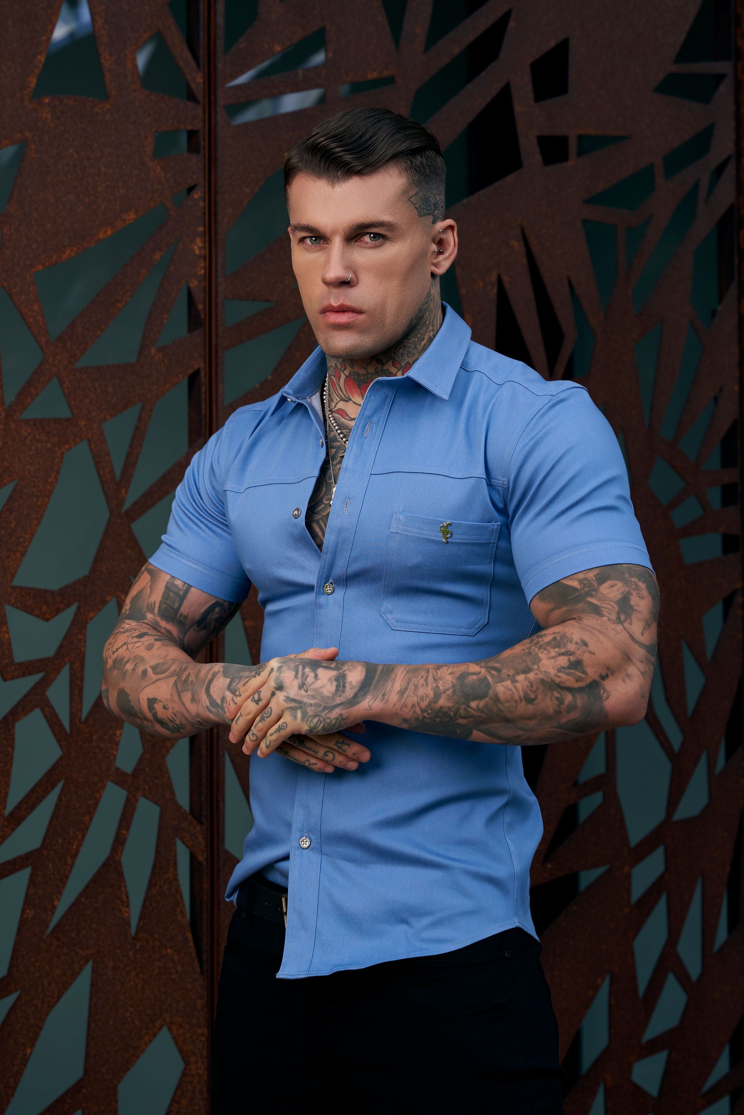 Father Sons Super Slim Stretch Light Blue Denim Short Sleeve with Horizontal Seam and Pocket- FS957 sold by Father Sons product image thumbnail 2