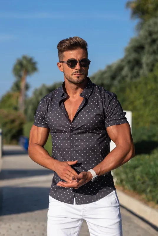 Father Sons Super Slim Stretch Charcoal & Off White Broken Square Print Short Sleeve - FS692 sold by Father Sons